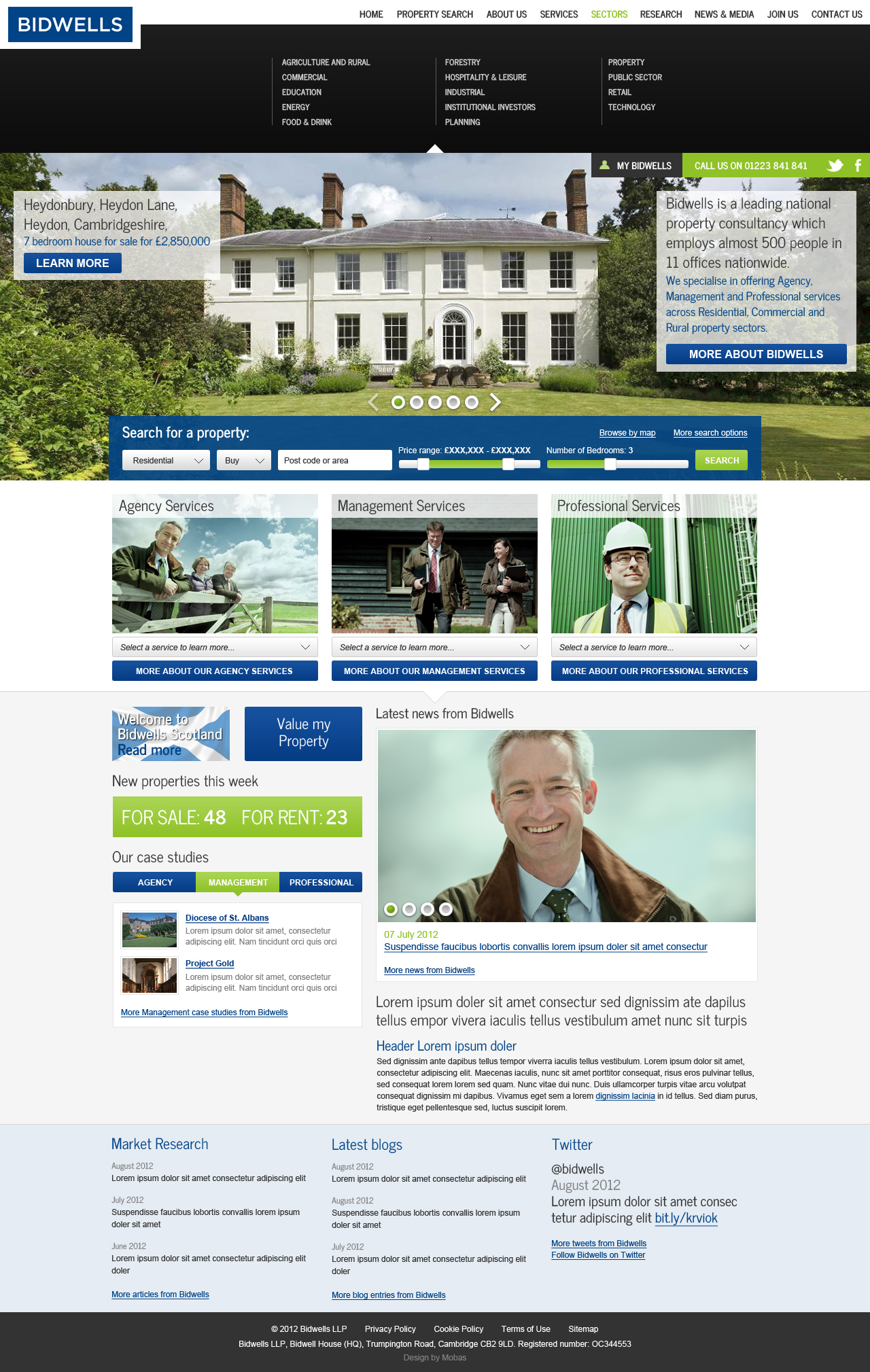 Property agent website concepts home page sectors navigation open